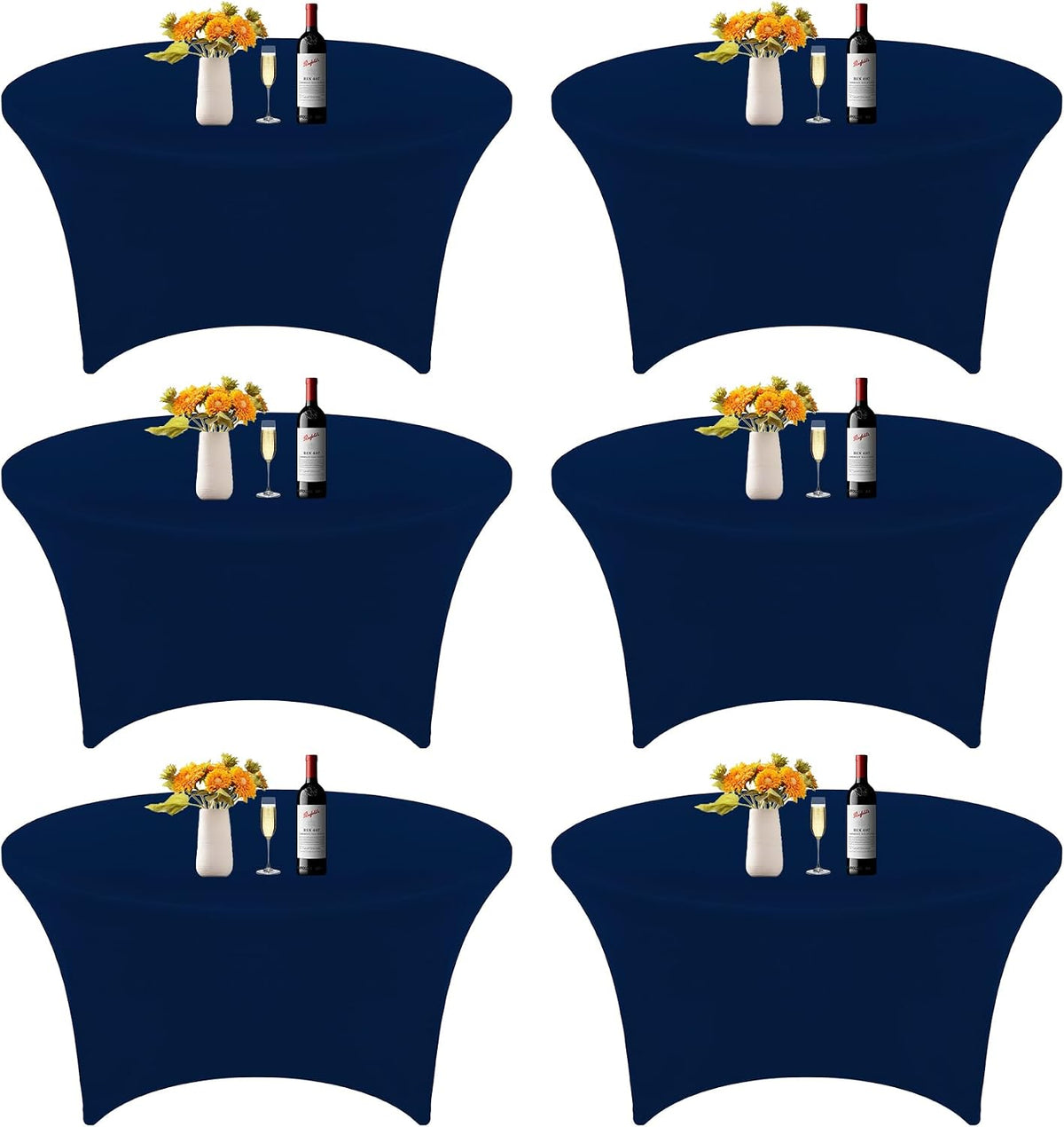 6 manteles redondos de spandex azul marino de 1.5 m (5 pies) y 1.5 m (60 pulgadas) de diámetro. Cubremesas elástico de ajuste ceñido, resistente a las arrugas y lavable. Ideal para bodas, cumpleaños, banquetes, fiestas y festivales.