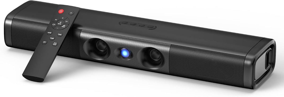 Barra de sonido para Smart TV con graves profundos y diálogos nítidos: barra de sonido de 60 W y 2.0 canales, woofers duales y tweeter de cúpula de seda, Bluetooth 5.3, ARC/Óptica/AUX, montaje en pared de 17 pulgadas para PC, proyector y juegos.