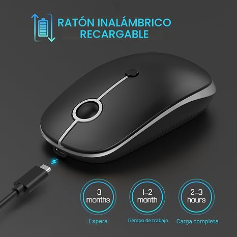 VssoPlor Ratón inalámbrico tipo C, USB C MacBook, mouse inalámbrico de modo dual con USB y receptor tipo C compatible con PC, laptop, MacBook y todos los dispositivos USB C, negro y plateado