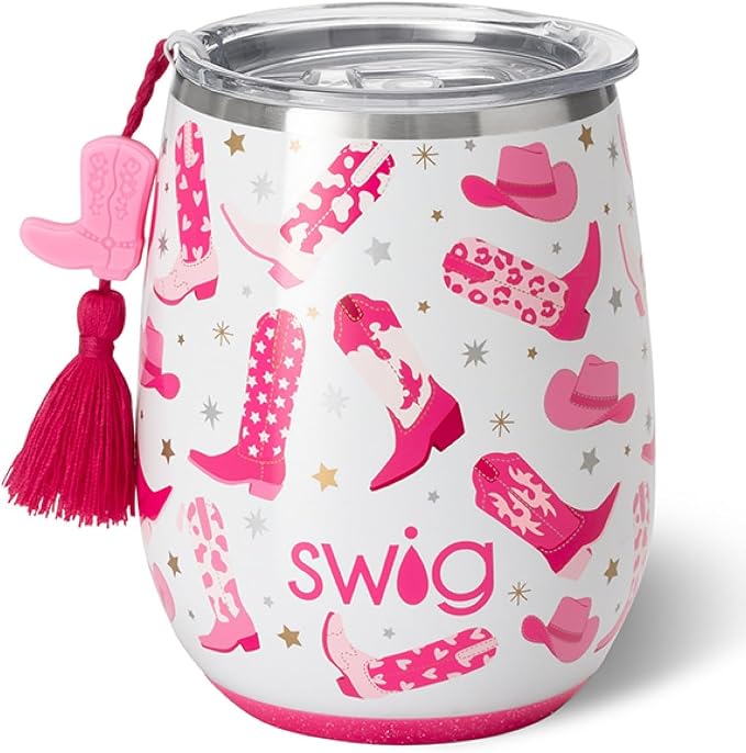 Copa de Vino Térmica Swig Life 14oz — Tumbler Acero Inoxidable con Tapa, Diseño Cowgirl "Let's Go Girls", Regalo Despedida y Cumpleaños