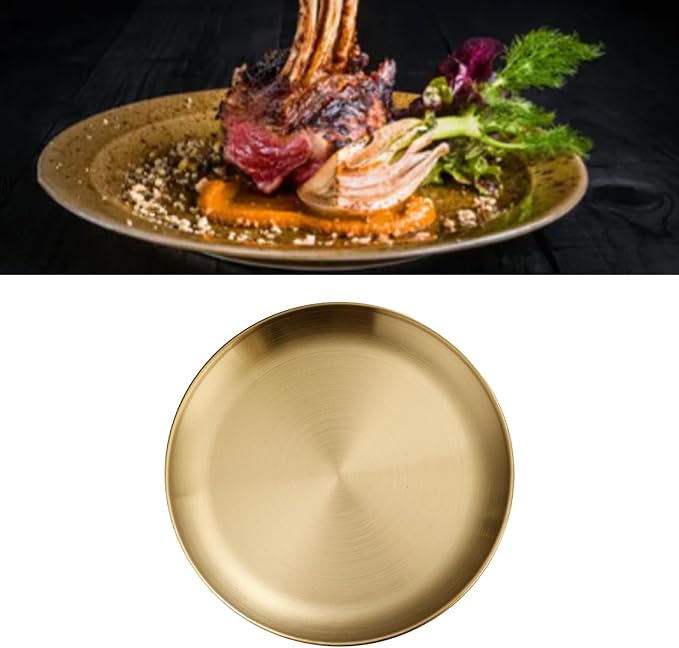 Platos Dorados Redondos de Acero Inoxidable | Bandeja para Servir Apta para Lavavajillas