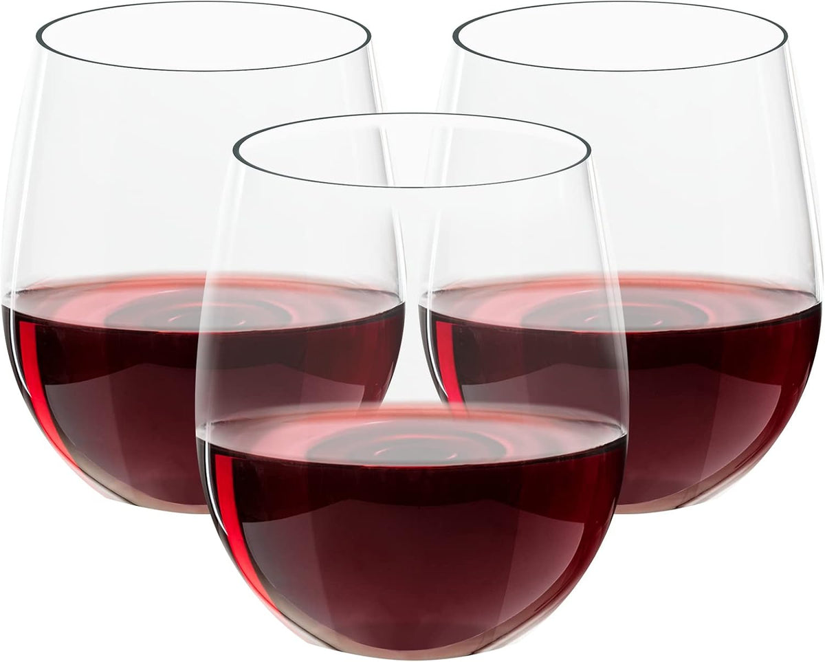 FOCUSLINE Paquete de 32 copas de vino de plástico sin tallo, 355 ml (12 oz), transparentes, desechables, reutilizables para fiestas y bodas, irrompibles, reciclables y libres de BPA.