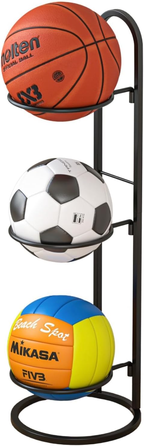 AGTEK Estante para Balones | Organizador de Garaje con 3 Canastas | Almacenamiento de Equipo Deportivo para Basketball, Futbol y Soccer | Negro