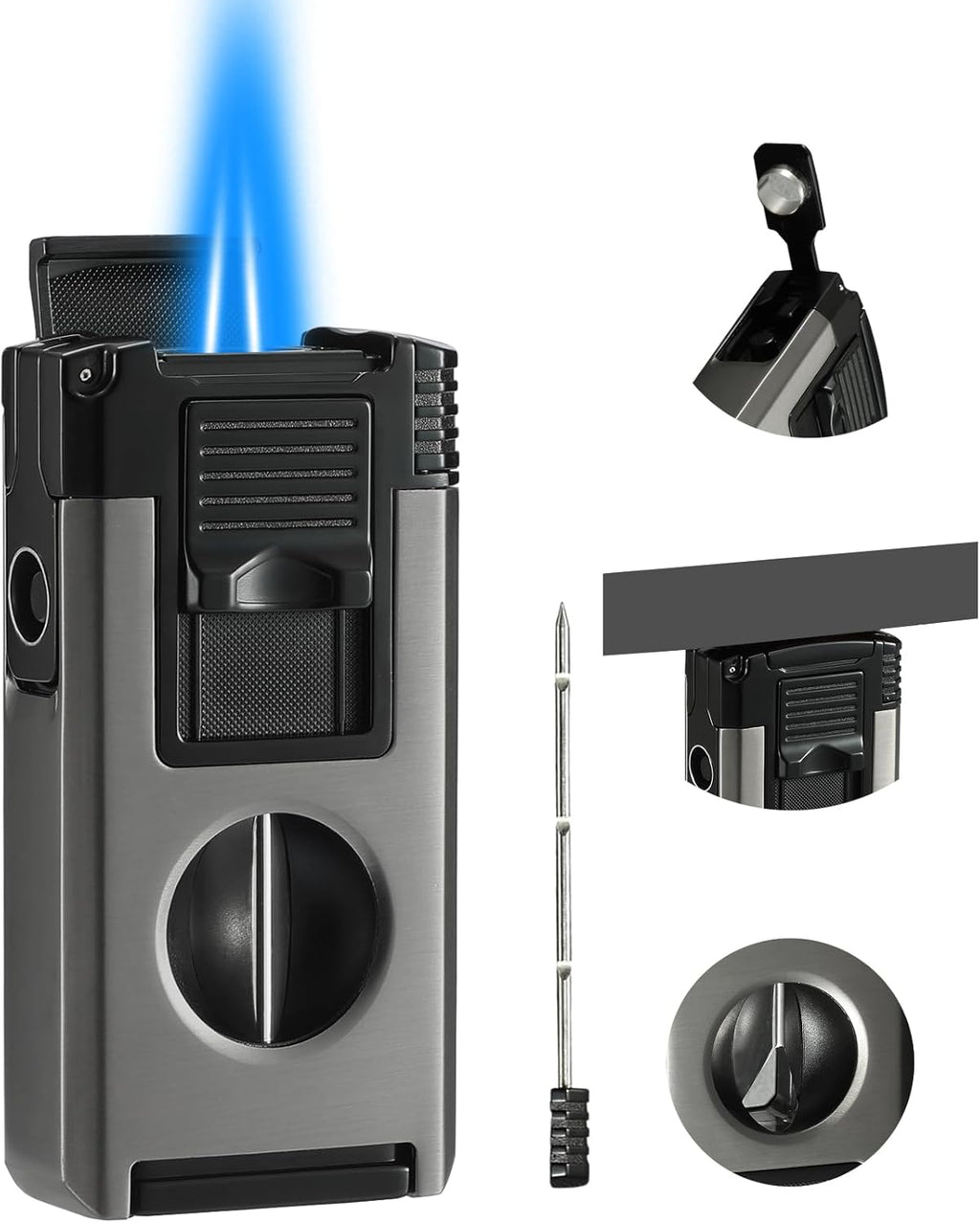 All in One Jet Flame Butane Torch Lighter Built-in Cutter V Cut, Punch, Holder Function, Draw Enhancer Tool, Refillable and Adjustable Windproof Gas Lighter, Black and Grey (Sold Without Gas)