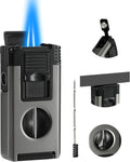 All in One Jet Flame Butane Torch Lighter Built-in Cutter V Cut, Punch, Holder Function, Draw Enhancer Tool, Refillable and Adjustable Windproof Gas Lighter, Black and Grey (Sold Without Gas)