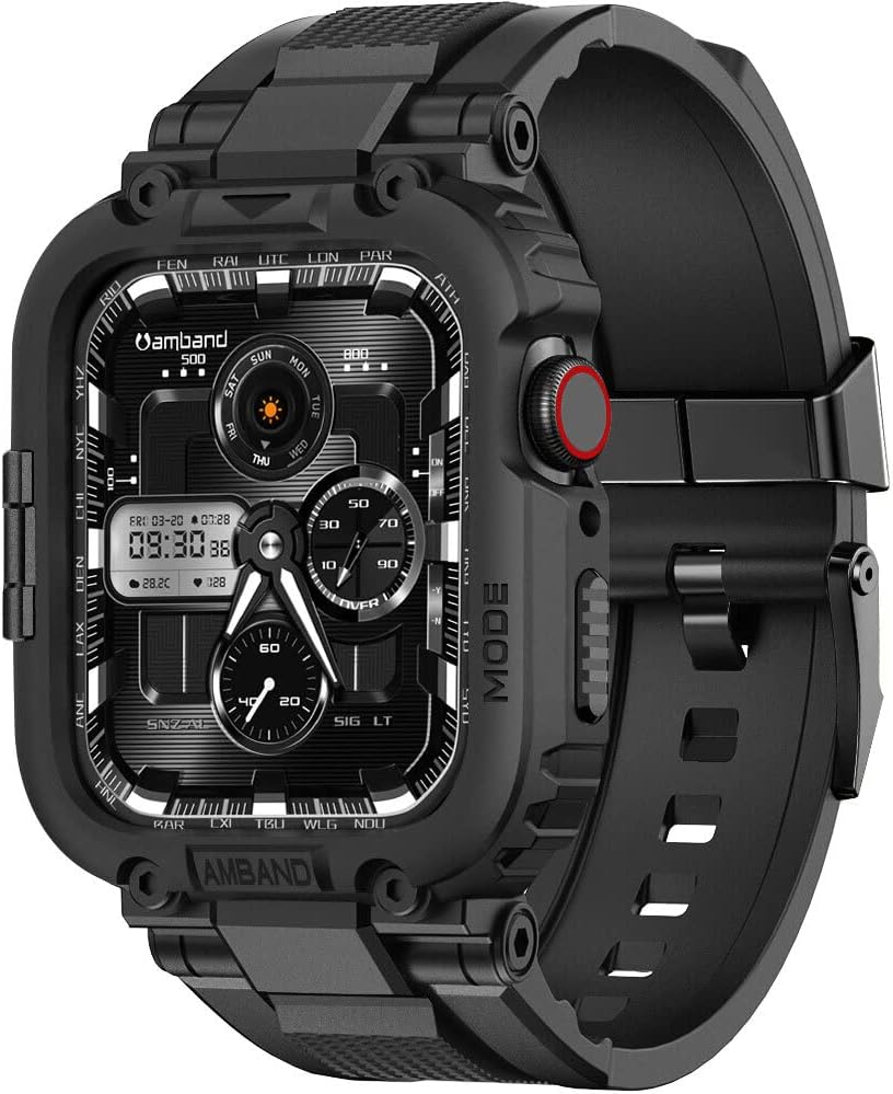 Correa y Funda Protectora amBand para Apple Watch 45/44 mm – Serie M1 Sport, Compatible 9/8/7/6/5/4/SE, Negro