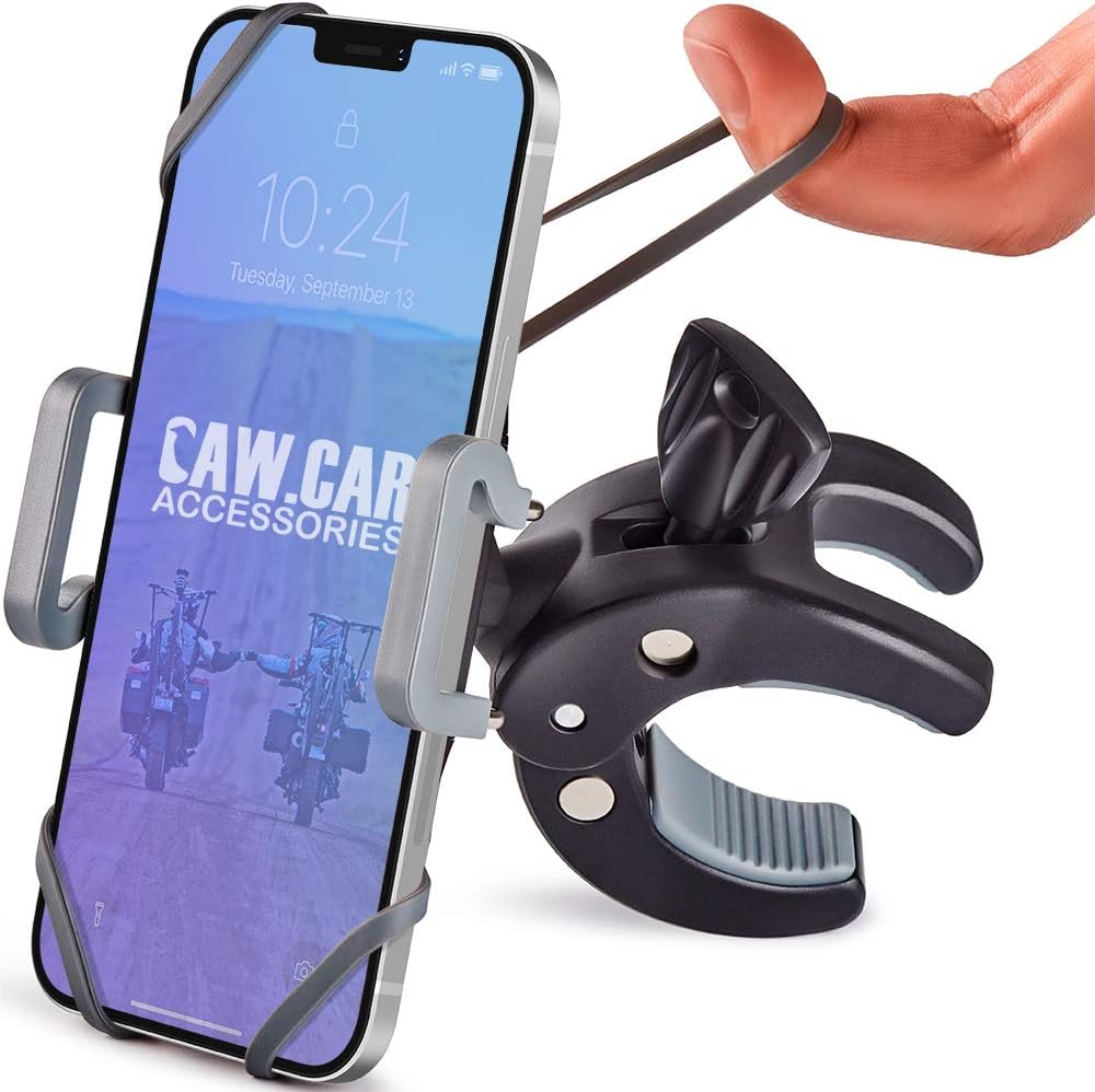 Soporte metálico para teléfono de bicicleta y motocicleta CAW.CAR Accessories: el único soporte irrompible para manillar compatible con iPhone, Samsung y cualquier otro smartphone. Máxima seguridad y comodidad.