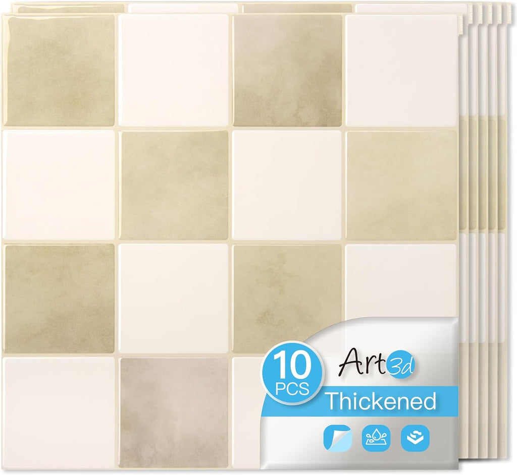 Art3d Paquete de 10 paneles autoadhesivos resistentes para salpicaderos, 30 x 30 cm (12 x 12 pulgadas), para encimeras de cocina, color beige y blanco.