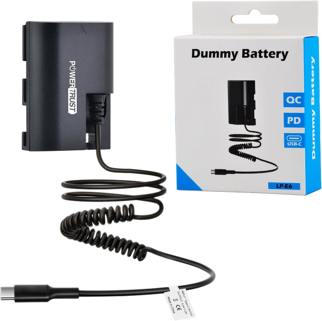 Batería Falsa PowerTrust LP-E6 LP-E6N | Con Cable de Poder USB Tipo-C | Compatible con Canon EOS R, R3, R5, R6, R7, 5D Mark II III IV, 6D Mark II, 7D Mark II, 60D, 70D, 80D
