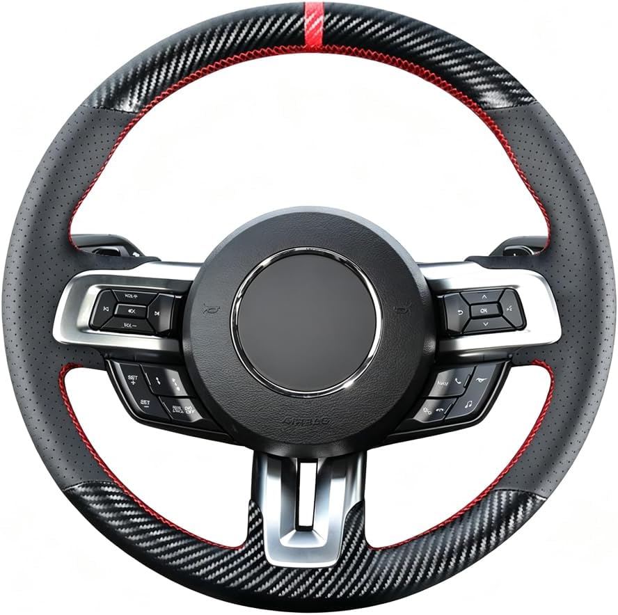 Funda para volante Kivnto DIY a medida para Ford Mustang 2015 2016 2017 2018 2019 2020 2021, 15 pulgadas, cuero negro, fibra de carbono, accesorios para el interior.