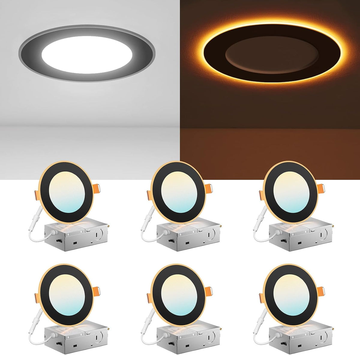 Amico Pack de 6 focos LED empotrables de techo de 4 pulgadas, 5CCT, color negro, con luz nocturna, seleccionables entre 2700K/3000K/3500K/4000K/5000K, iluminación ultrafina, 10W=90W, 700LM, regulables, tipo wafer - Certificaciones ETL y FCC