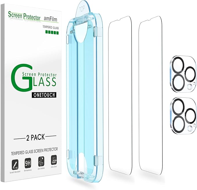 Protector de Pantalla amFilm OneTouch iPhone 13 Pro Max 6.7" | Vidrio Templado + Lente Cámara | Pack 2+2