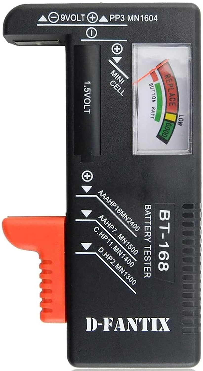 Verificador de Batería D-FantiX, Comprobador de Batería Universal, Probadores de Batería Pequeña para AAA AA C D 9V 1.5V Pilas de Botón Baterías Domésticas Modelo BT-168
