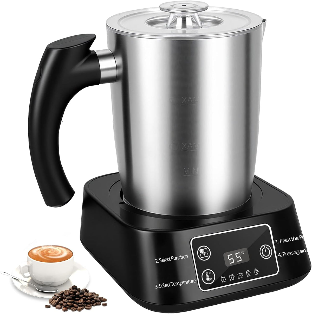 Espumador de leche eléctrico - Espumador de leche 5 en 1 con recipiente de acero inoxidable de 500 ml, recipiente de leche extraíble y apto para lavavajillas, control de temperatura, para leche caliente y fría, capuchino y latte.