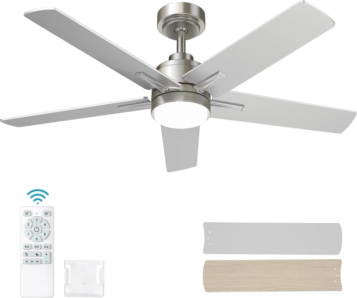 Ventilador de Techo 52" Níquel Cepillado con Luz y Control Remoto | LED Dimeable 3 Temperaturas | Motor DC 6 Velocidades Reversible | 5 Aspas | Moderno