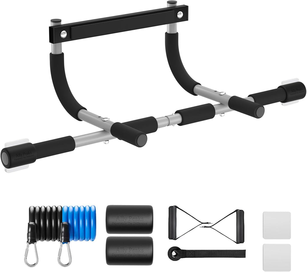 FALTAN LAS 2 PIEZAS REDONDAS COLOR NEGRO-Ally Peaks Barra de dominadas para puerta | Límite máximo de acero grueso de 440 libras para la parte superior del cuerpo | Barra de entrenamiento de fitness para la parte superior del cuerpo