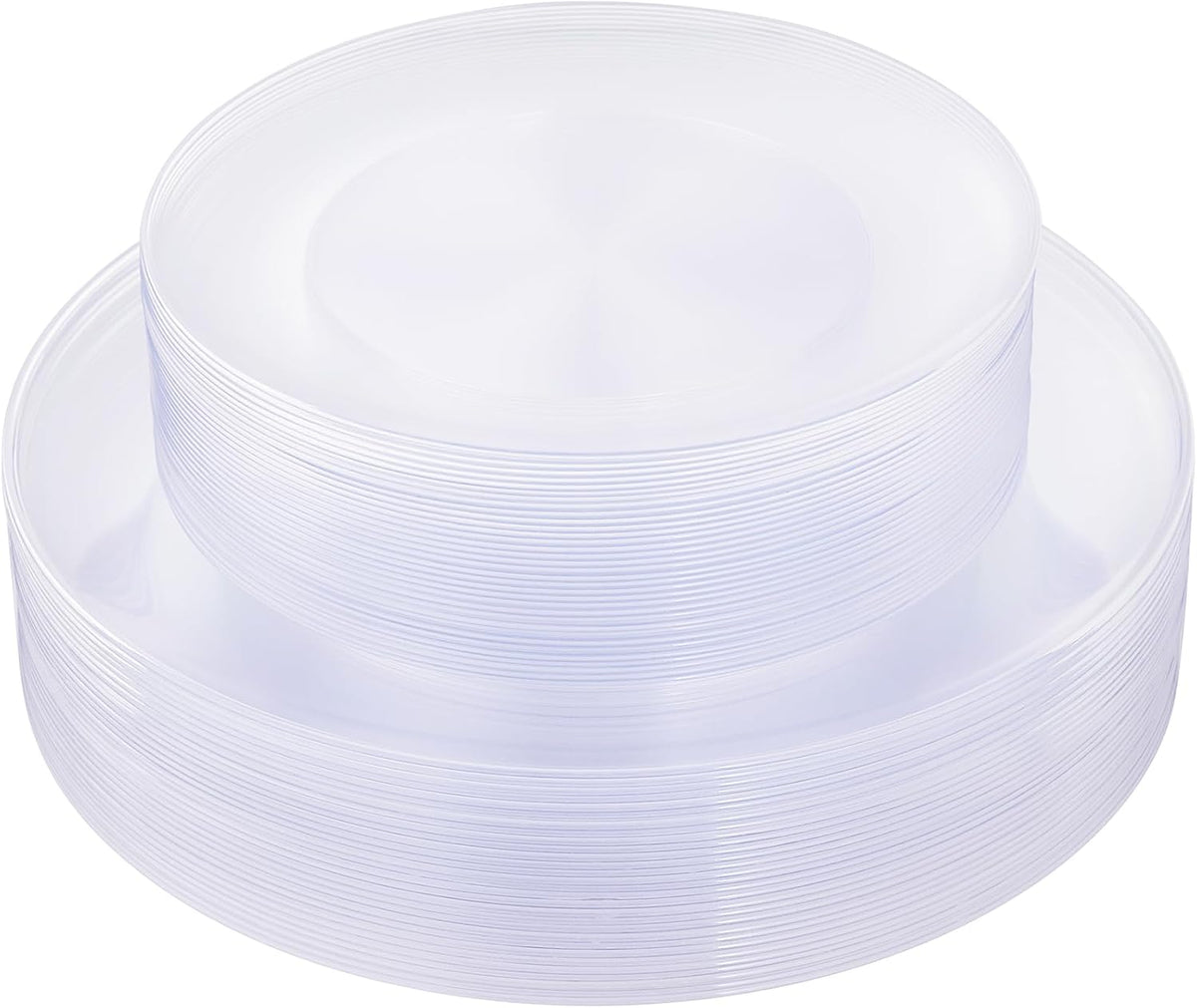 KIRE - Juego de 60 platos de plástico transparente de alta resistencia, desechables, ideales para fiestas y bodas. Incluye 30 platos llanos de 26 cm y 30 platos de postre/ensalada de 19 cm.
