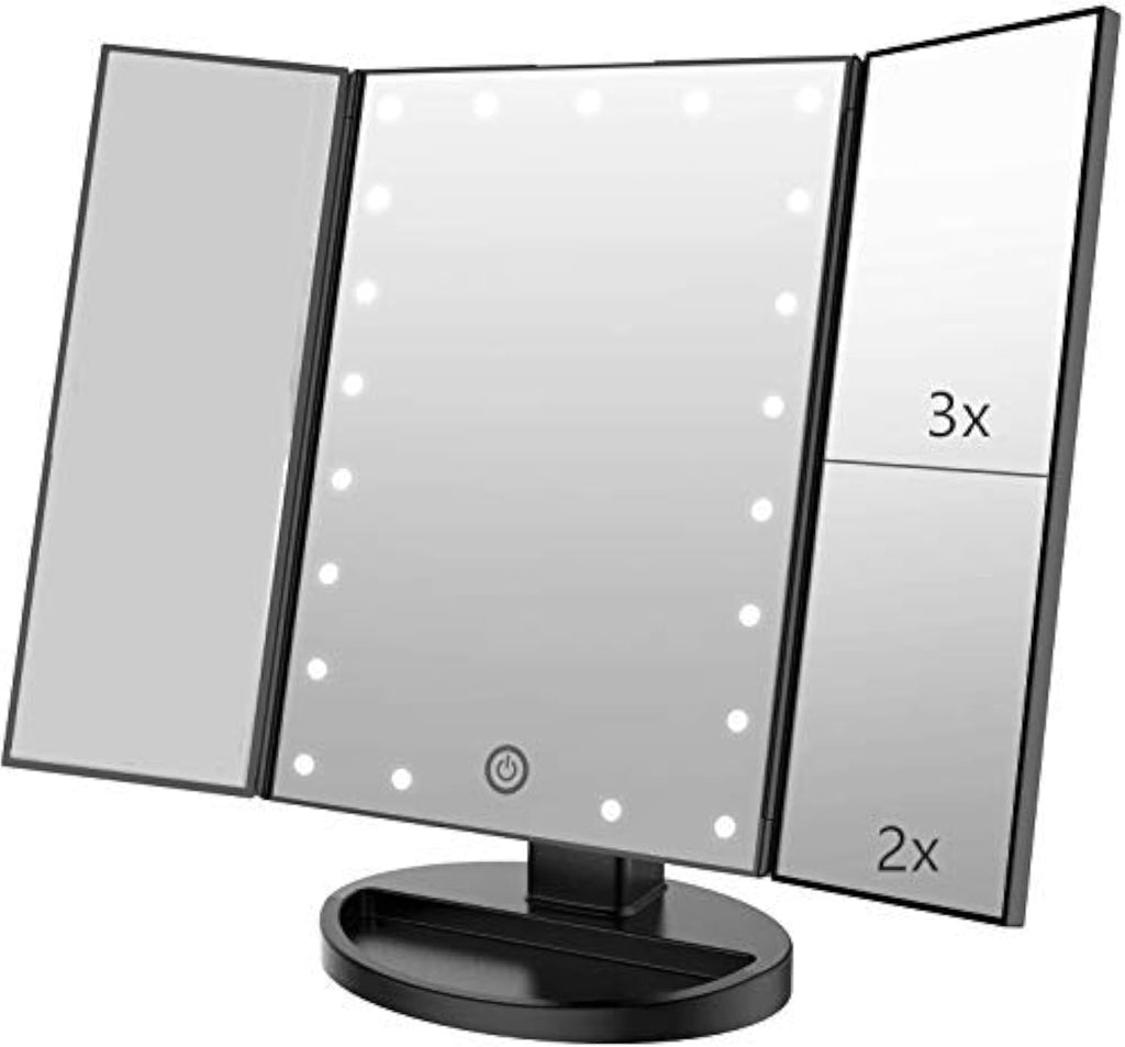 Infitrans Espejo de Maquillaje Triple con Luces | Aumento 1X 2X 3X Control Tactil Rotacion Ajustable Doble Alimentacion Portatil Regalo ( SOLO CONTIENE UNA PIEZA ) ACCESORIOS UN CABLE USB ) ARTICULO VIENE COMO SE MUESTRA EN LA SEGUNDA IMAGEN