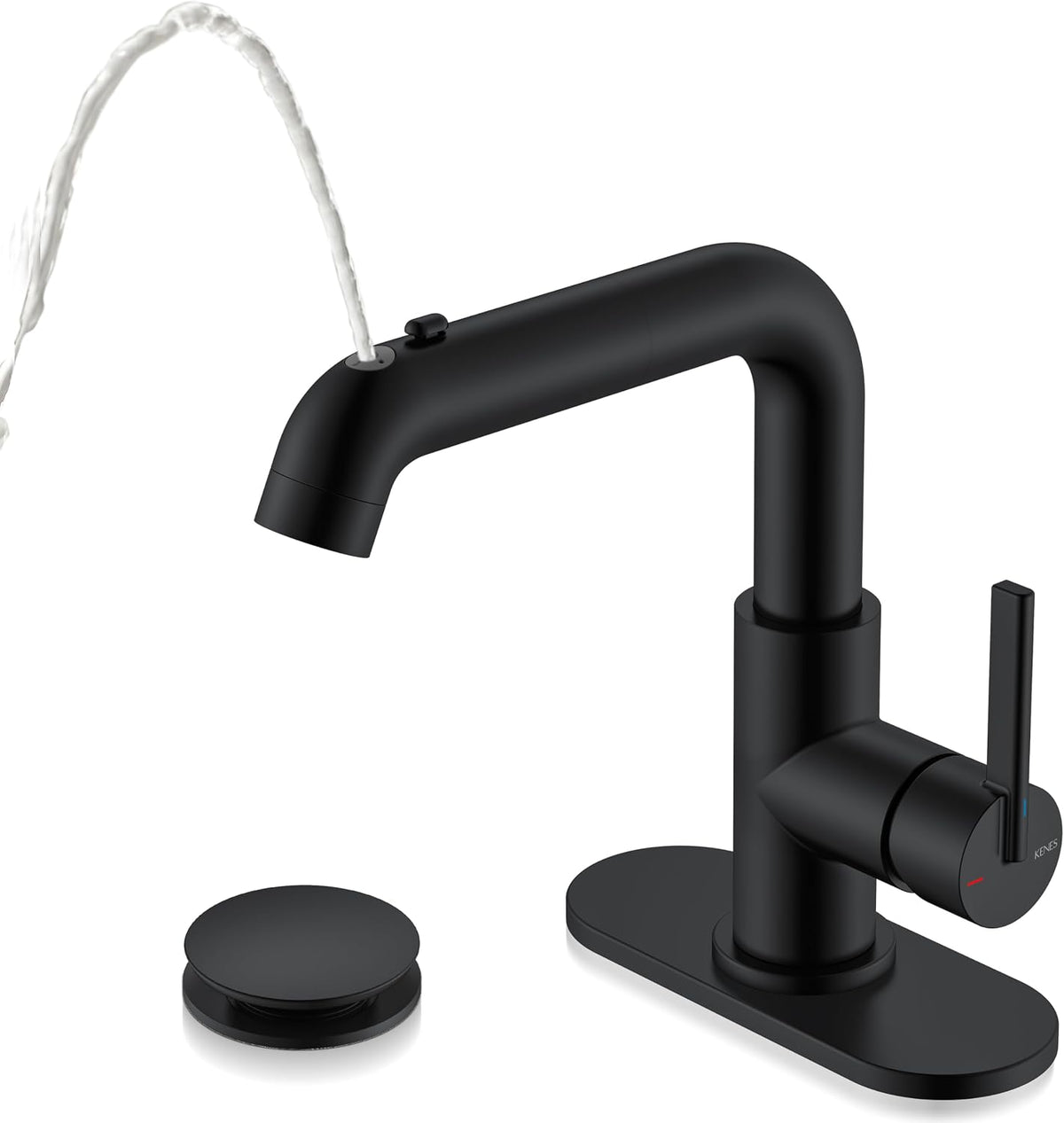 Grifo de baño KENES negro mate con rociador extraíble, grifo monomando para lavabo con rociador extraíble, grifo de tocador con desagüe emergente y placa de cubierta, LJ-9055A-2