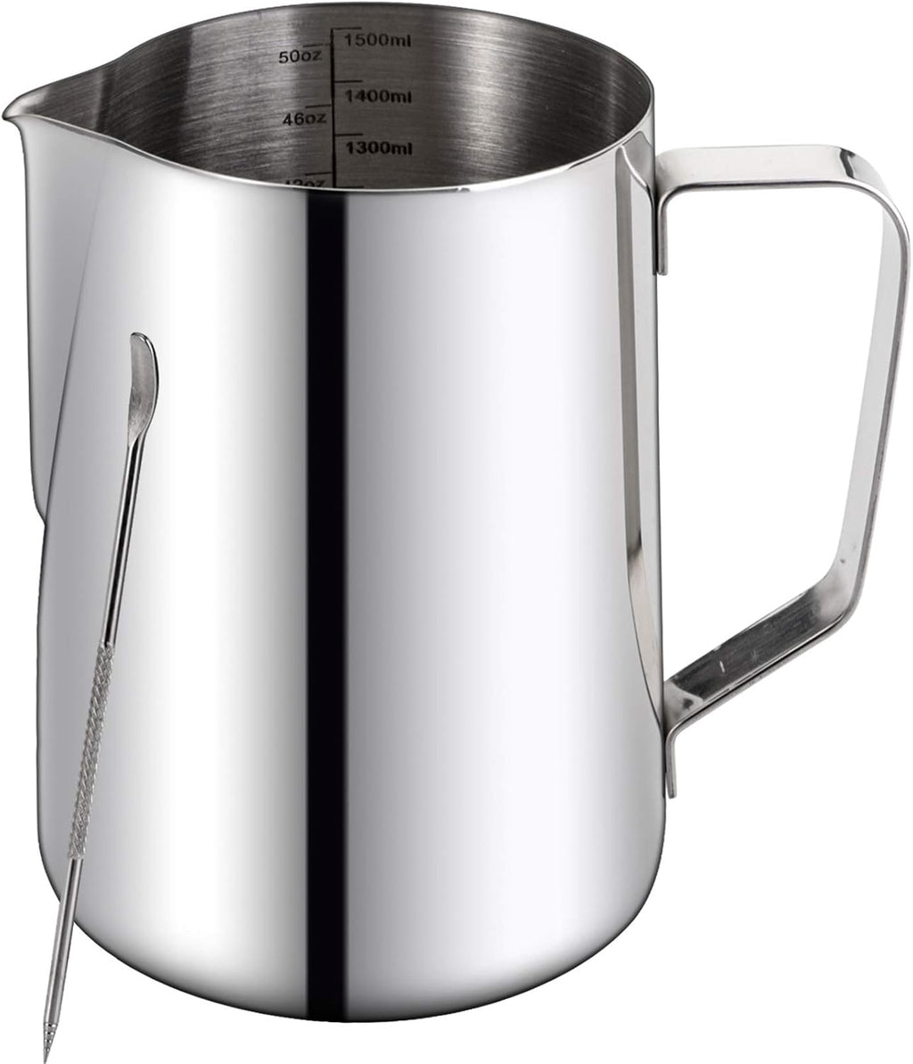 Jarra espumadora de leche Nicunom de 1500 ml, taza espumadora de leche de acero inoxidable 304 de 1500 ml, jarras para vaporizar con lápiz artístico, accesorios de barista para café espresso, capuchino y latte art.