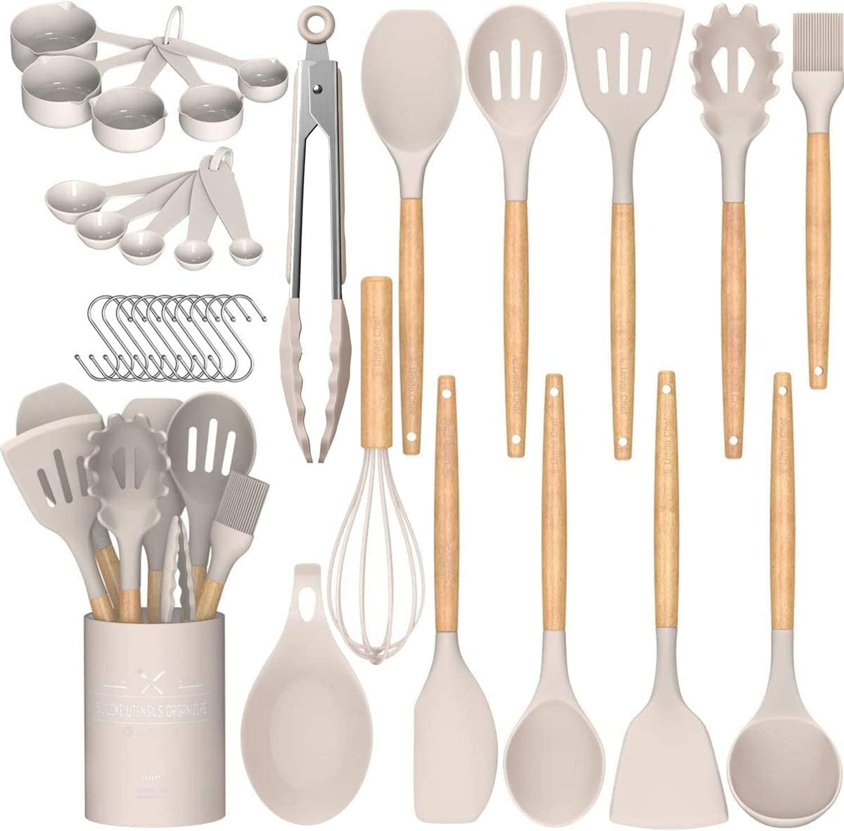Juego de utensilios de cocina Umite de cocina, 24 piezas antiadherentes de silicona utensilios de cocina juego de espátula con soporte, mango de madera de silicona resistente al calor utensilios de cocina Set