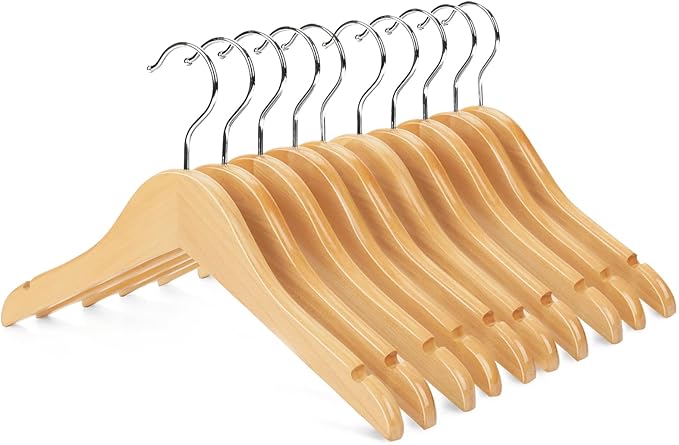 Nature Smile Perchas de madera con muescas y gancho cromado antioxidante, paquete de 10 unidades (natural)