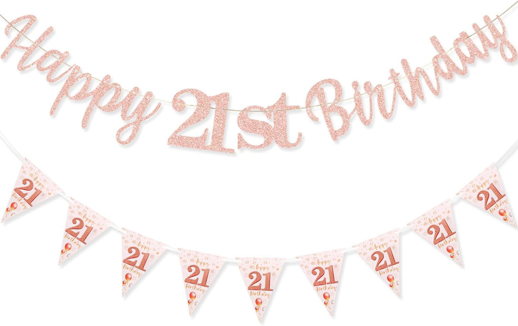 Banner de Cumpleaños Número 21 MAGLAUG – Decoración Oro Rosa para Mujeres y Niñas