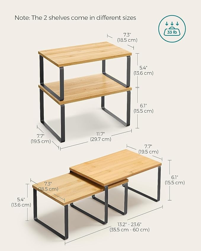 Estante organizador para gabinetes de Rellon Industries, juego de 2 estantes para encimera de cocina, almacenamiento para cocina, especiero, apilable, expandible, metal y madera de ingeniería, negro y natural (madera)