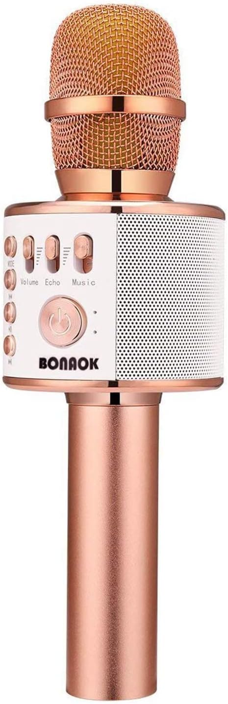 Micrófono de karaoke inalámbrico Bluetooth BONAOK, micrófono de karaoke portátil 3 en 1 para fiestas en casa y cumpleaños, compatible con todos los smartphones y PC (Q37 Oro rosa).