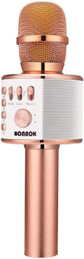 Micrófono de karaoke inalámbrico Bluetooth BONAOK, micrófono de karaoke portátil 3 en 1 para fiestas en casa y cumpleaños, compatible con todos los smartphones y PC (Q37 Oro rosa).