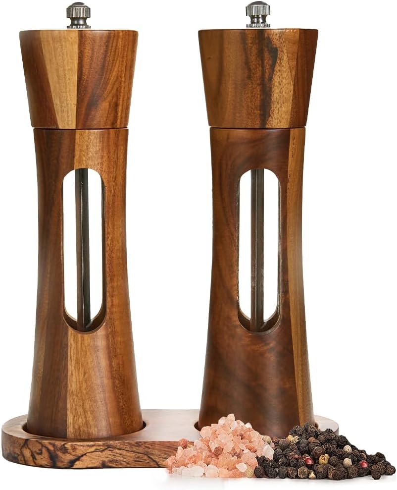 Wooden Salt and Pepper Grinder Set with Tray, 8 Inch Manual Salt & Pepper Shakers with Adjustable Coarseness, Salt and Pepper Mills