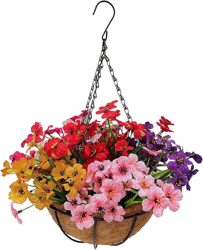 Cestas colgantes con flores artificiales, flores de seda falsas, resistentes a los rayos UV, no se decoloran, plantas de flores violetas falsas, centros de mesa de flores sintéticas, para decoración de interiores y exteriores, jardín, porche (mixto)
