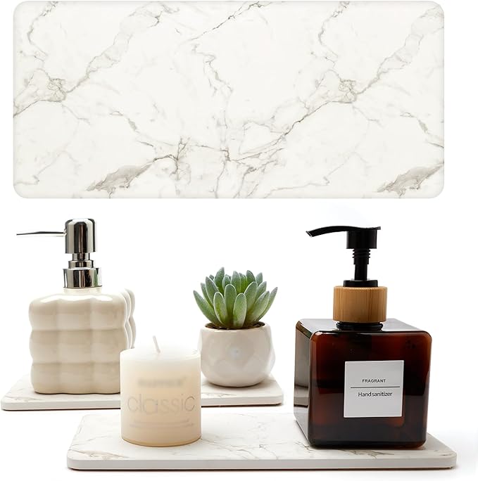2 bandejas absorbentes de piedra para encimera de baño y fregadero de cocina, mármol blanco, rectangulares, de secado rápido, con base antideslizante.