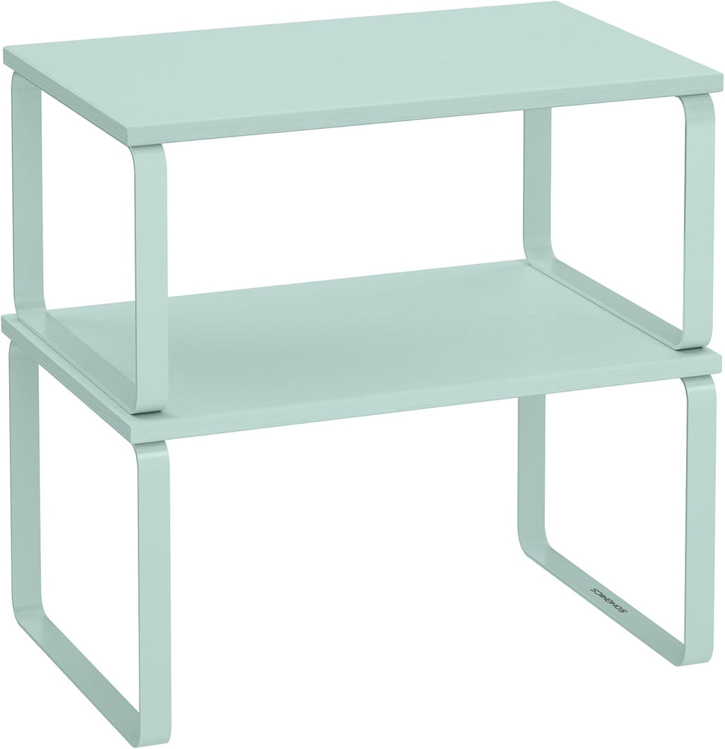 Estante organizador de armario SONGMICS, juego de 2 estantes para encimera de cocina, almacenamiento de cocina, especiero, apilable, expandible, de metal y madera contrachapada, verde claro de luna UKCS002C01 