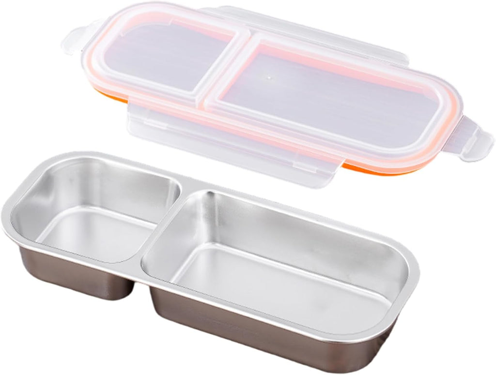 PAQUETE DE 3 PIEZAS-Recipientes de acero inoxidable para aperitivos, caja de aperitivos de 2 compartimentos, fiambrera de acero inoxidable de 26,2 x 10,4 x 4 cm con tapas a prueba de fugas para la escuela, el hogar y los viajes.