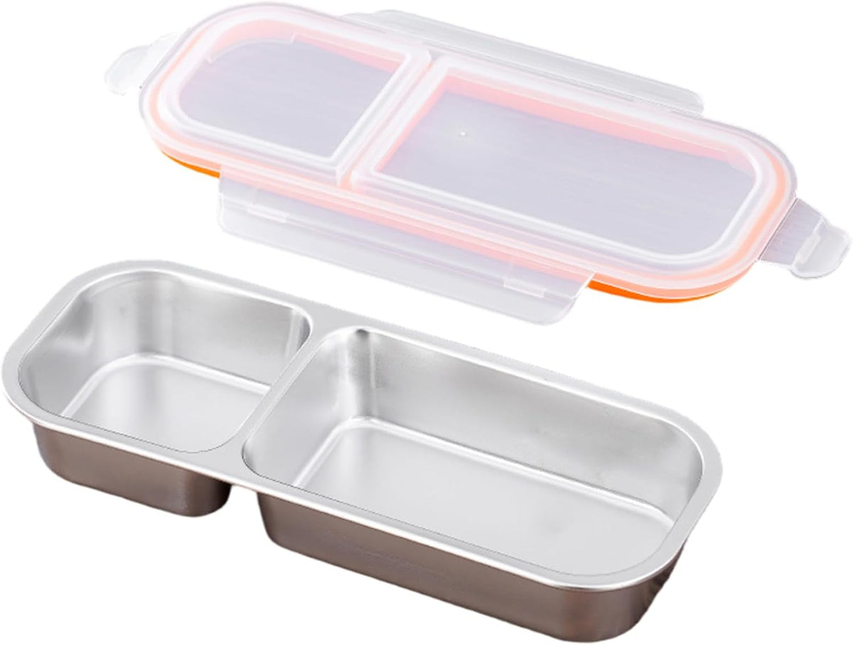 PAQUETE DE 3 PIEZAS-Recipientes de acero inoxidable para aperitivos, caja de aperitivos de 2 compartimentos, fiambrera de acero inoxidable de 26,2 x 10,4 x 4 cm con tapas a prueba de fugas para la escuela, el hogar y los viajes.