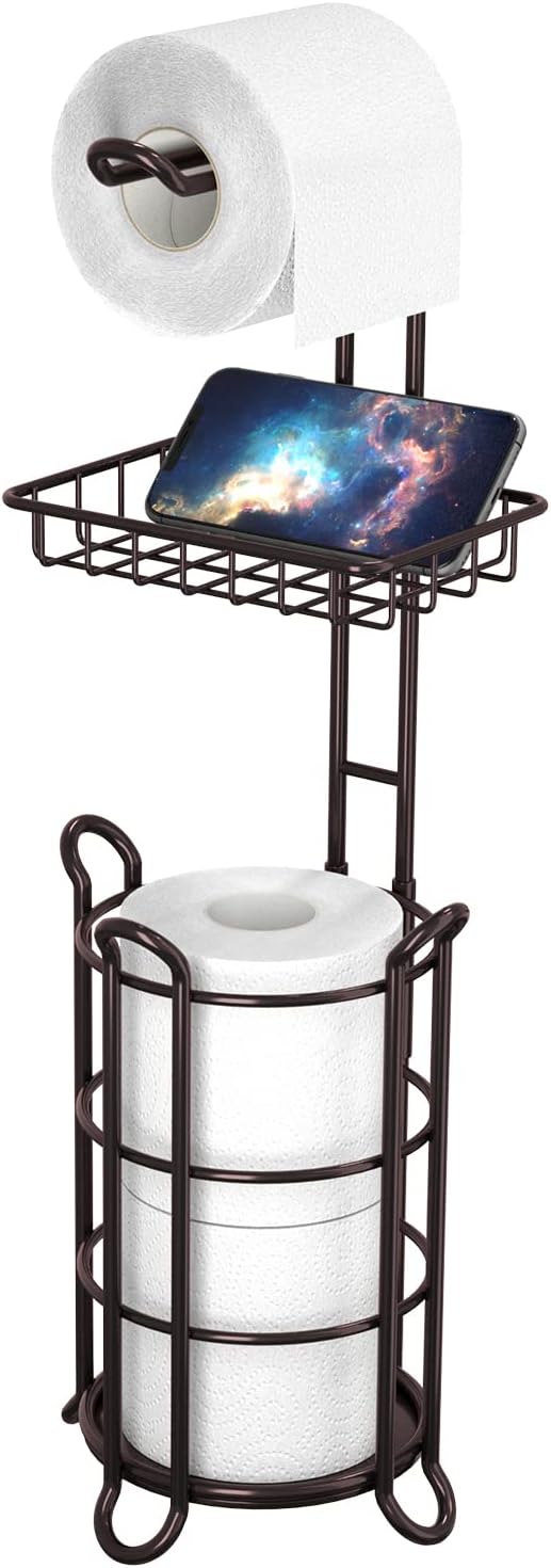 Soporte para papel higiénico, dispensador de rollo de papel higiénico con estante para almacenamiento de baño, sostiene megarrollos de reserva - bronce