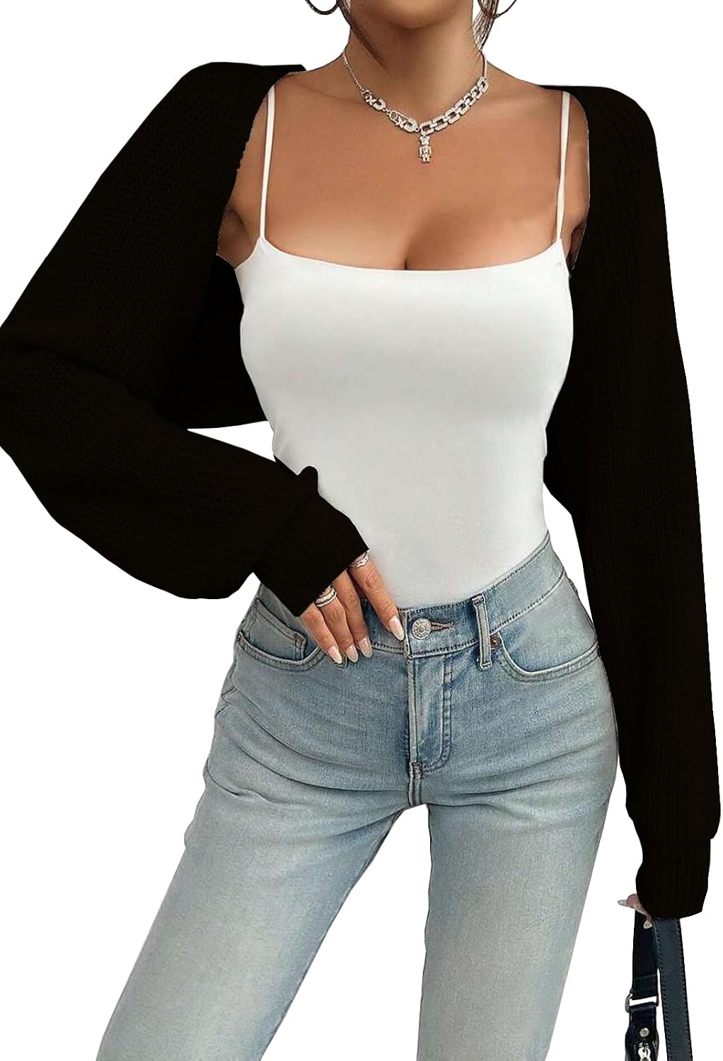 ANEGAROE Cárdigan corto de punto para mujer, manga larga, frente abierto, bolero, ideal para vestidos, color blanco.