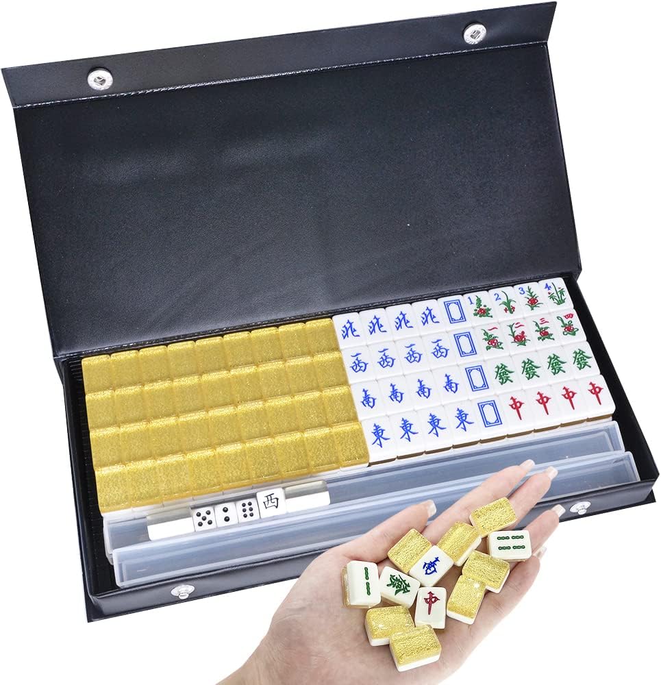 drizzle Set de Mahjong Mini de Viaje Dorado 20mm | Portatil 146 Fichas con 4 Bases,