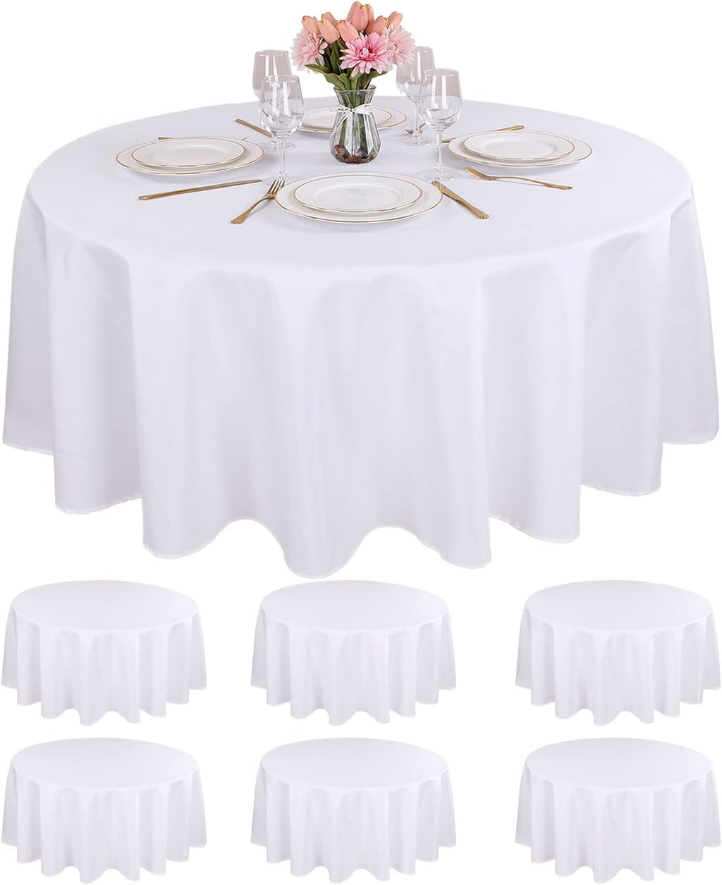 Paquete de 6 manteles redondos blancos Kesfey de 90 pulgadas, de poliéster blanco, resistentes a las arrugas, lavables, de tela de alta densidad, ideales para bodas, campamentos y banquetes.