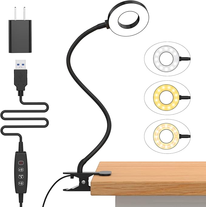 Lámpara de escritorio iZELL, [3 modos de color y 10 niveles de brillo] luz LED de lectura con abrazadera, brazo flexible de silicona para libros de lectura de niños en la cama por la noche
