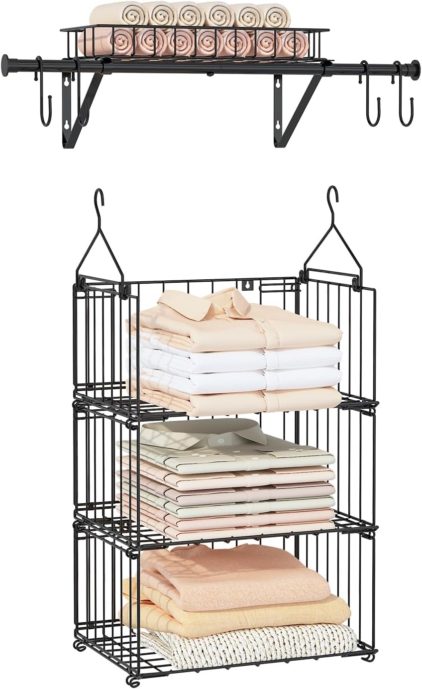 Organizador de armario colgante de 3 niveles BUKFEN, estante de almacenamiento de alambre montado en la pared con 4 ganchos, organizador plegable y apilable para lavadero, dormitorio, baño, 1 unidad