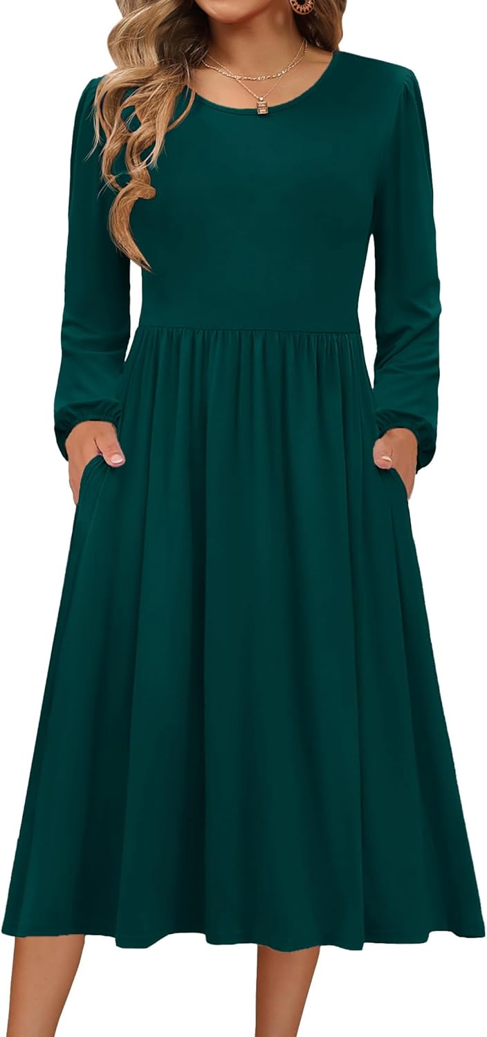 Zeagoo Plus Size Midi Casual Fall Dresses for Women Long Sleeve T Shirt Dress T Shirts Sundresses with Pockets Dark Green
