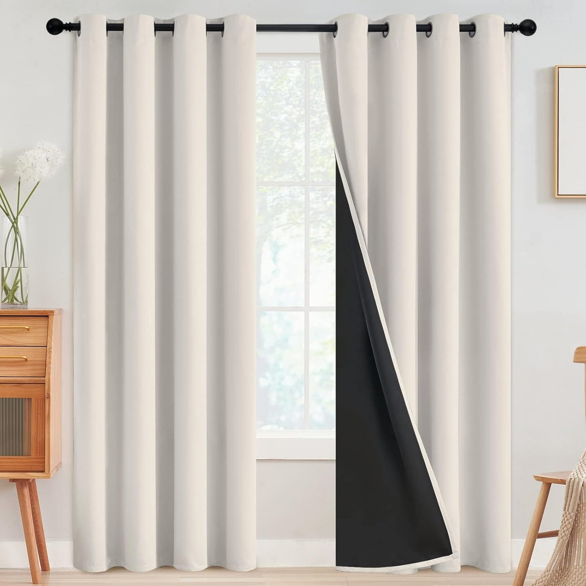 Cortinas Opacas SimpleHome 100% Color Crema – 52x84 Pulgadas, 2 Paneles, Térmicas con Ojales y Reverso Negro para Dormitorio y Sala