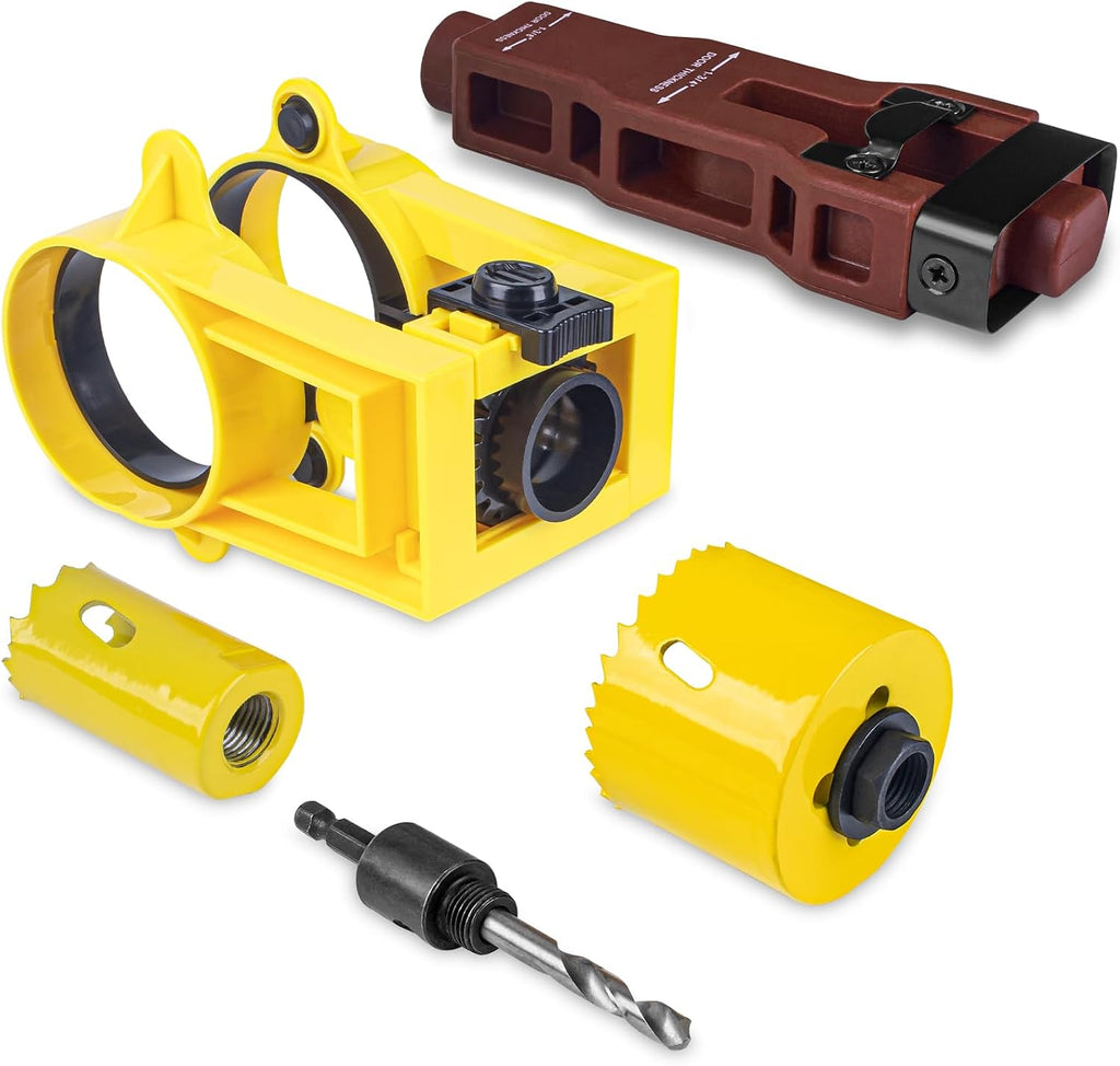Kit Instalación Cerradura de Puerta | Sierra Perforadora + Plantilla Guía + Cincel Embutir Pestillos | Metal y Madera | Herramienta Profesional | 1 Set