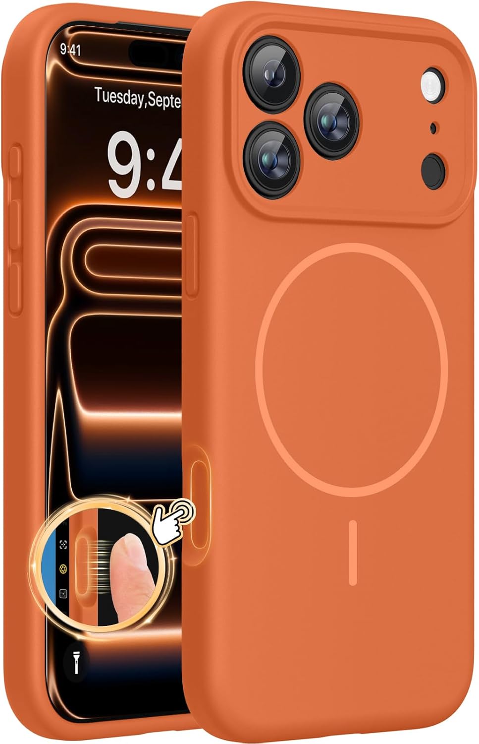 Funda magnética Miracase para iPhone 17 Pro Max, compatible con MagSafe, cubierta de silicona integrada para el control de la cámara, funda protectora a prueba de golpes de 3,0 mm de grosor para iPhone 17 Pro Max, color naranja.