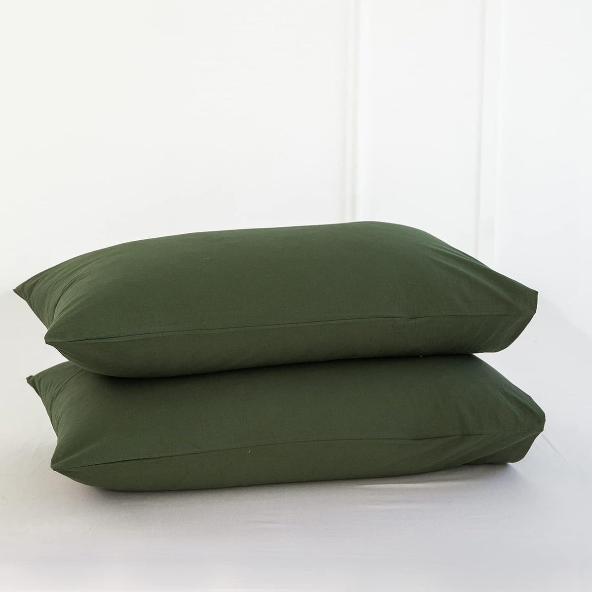 Fundas de Almohada MooMee Pack x2 – 100% Algodón Lavado Tipo Lino, Talla Rey, Color Oliva