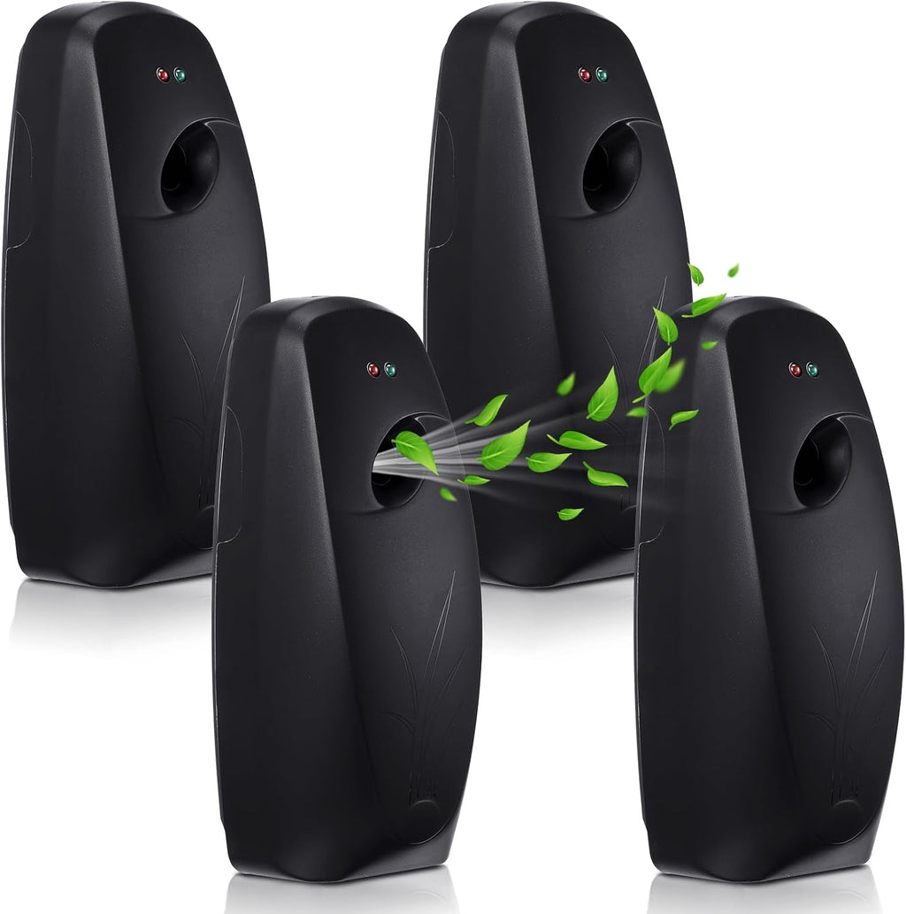 Dispensador automático de ambientador en aerosol Maxcheck de 4 piezas, montado en la pared, para baño, funciona con pilas, de pie, para locales comerciales y habitaciones (negro).