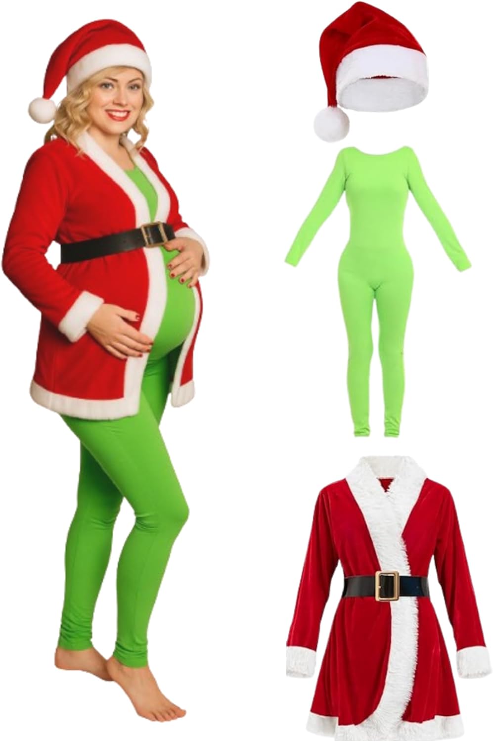 Mepase 4 Pcs Halloween Pregnant Costume for Women Monster Suits Santa Claus Costume Include Green Bodysuit and Santa Coat Hat for Pregnant Cosplay