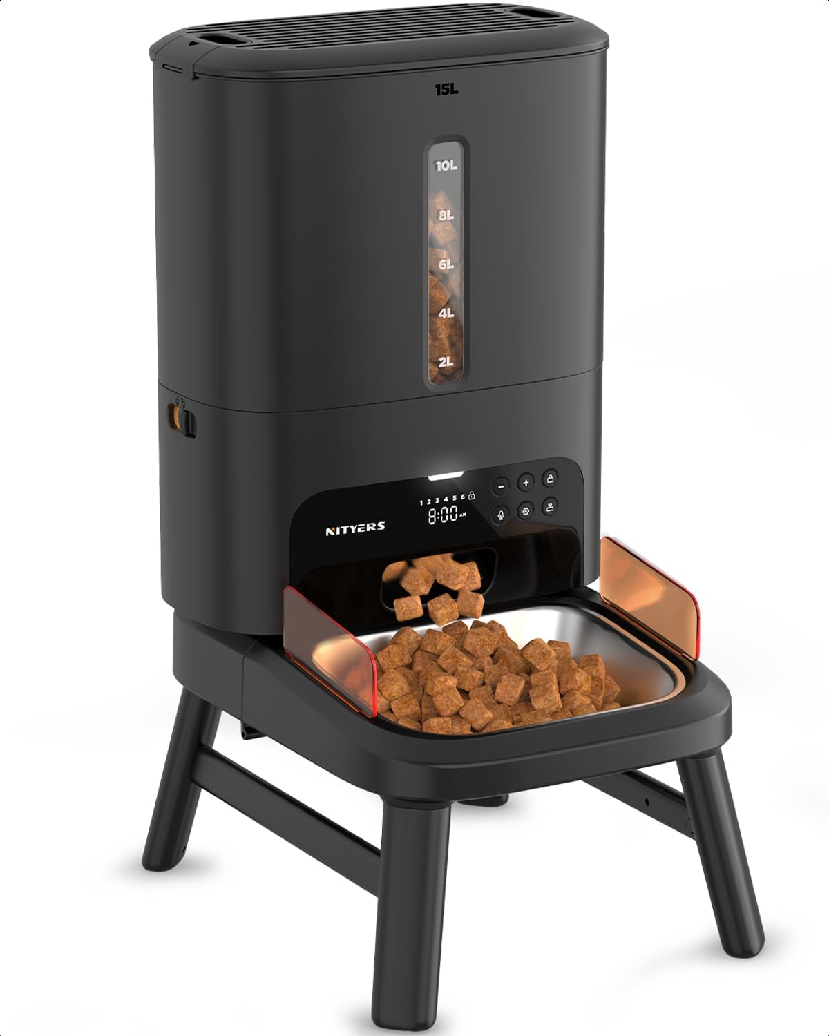 Comedero automático para perros de razas grandes - 15 L / 63 tazas. Dispensador de comida para perros antiatascos para croquetas de 2 a 23 mm, soporte elevado, bandeja grande, doble alimentación, hasta 50 porciones (6 comidas al día)
